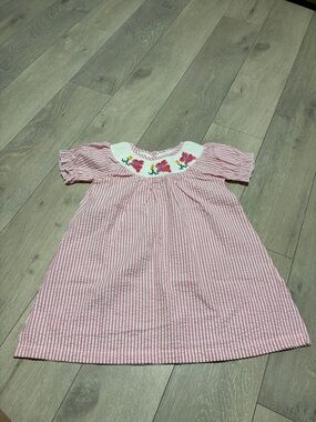 Girls Pink Striped Embroidered Yoke Dress